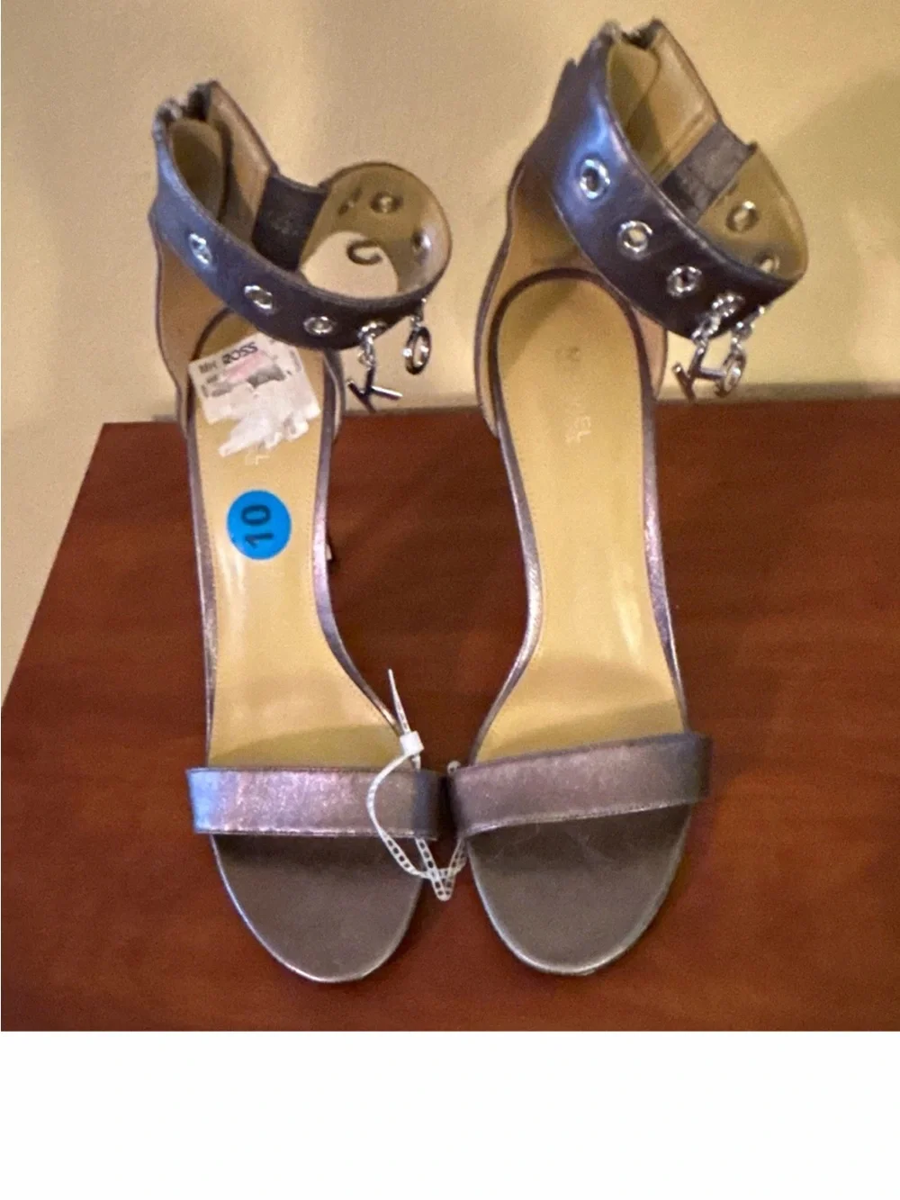 Michael Kors Silver Metallic Ankle-Strap Heels with Logo Charms